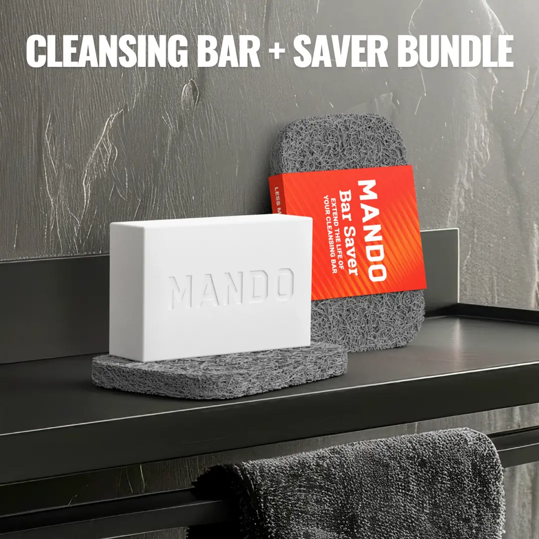 Mando Cleansing Bar (4-in-1 Shampoo, Face Wash, Body Wash & Deodorant) & Bar Saver Bundle