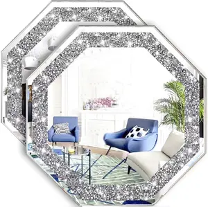 2 Piece Wall Mirrors Octagon, Crush Diamond Mirrors Wall Decor, Silver Decorative Mirrors for Living Room Decor, 12"x12" Hanging Set