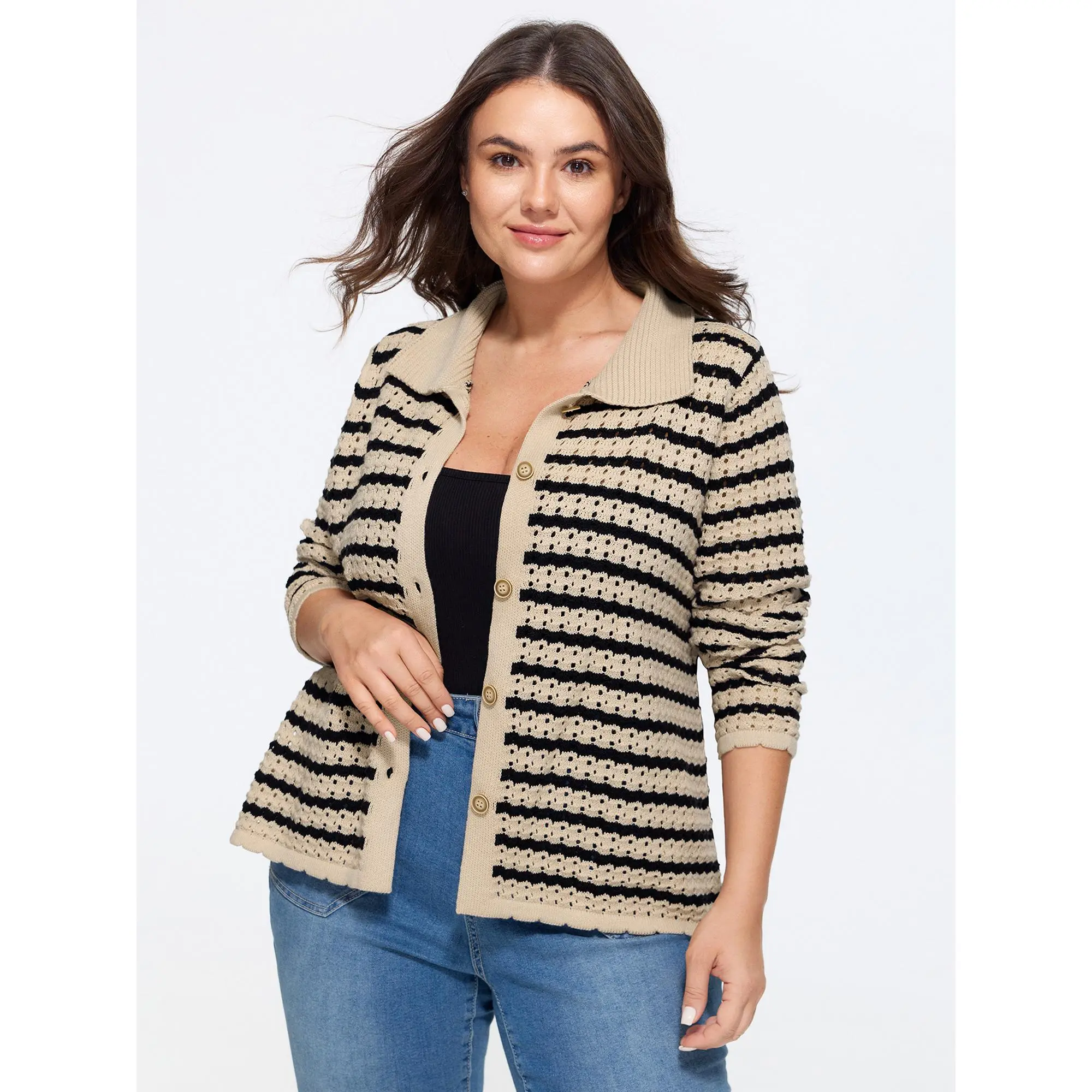 BloomChic Plus Size Striped Hollow Collared Button Front Cardigan[M-6X]2026 Summeroutfits,Summerfinds