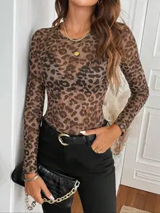 Women's Leopard Print Mesh Round Neck Long Sleeve Top, Sexy Tight-Fitting Thin Fabric Tee for All Seasons, Stylish Lady's Clothing, Womenswear