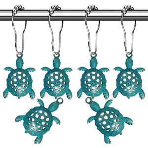F-HP03  Green Sea Turtles Beach Theme Shower Curtain Hooks, Blue Ocean Decor Shower Hooks for Shower Curtain, Tropical Shower Curtain Rings Rust Proof Shower Curtain Hanger Clips Bath Decoration
