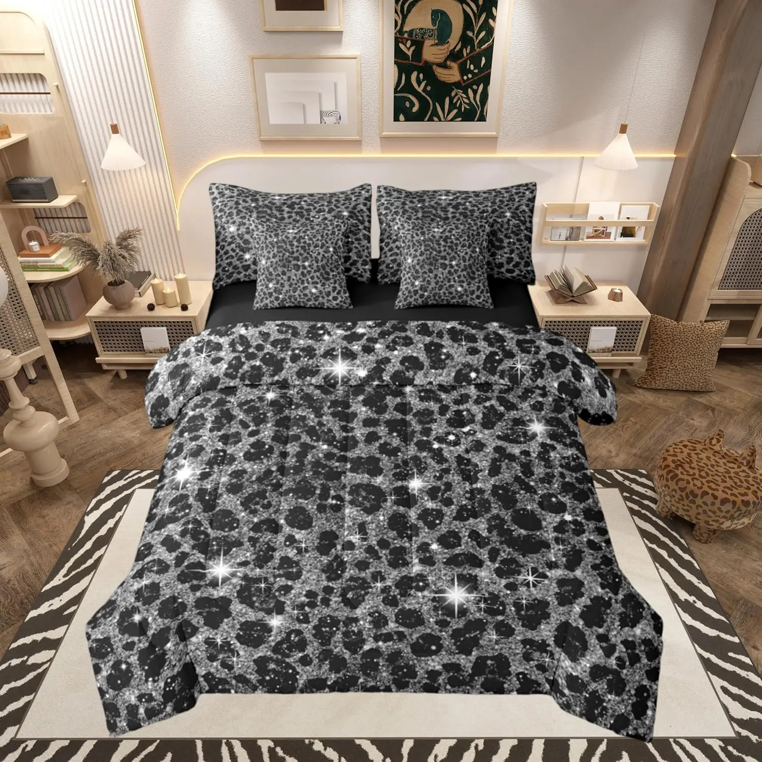 Black Leopard Comforter Set with Sheets 7 Piece Cheetah Bed in a Bag Animal Print Bedding Set Leopard Fur Print Bedroom Decor Safari Breathable Soft Microfiber