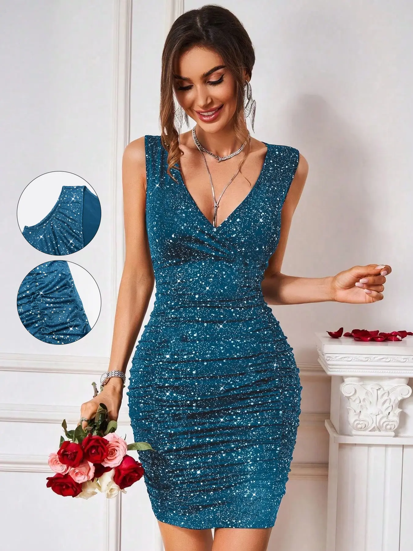 Women's Sleeveless Bodycon Fitted Short Summer Knit Dress, Lady Womenswear Evening Sequin Details Sequin Design Formal Wear for Evening Party, Perfect for Night Out and Special Occasions, Festival Essential, Elegant Fashion Dress