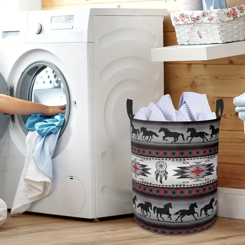 Casual Style Polyester Laundry Basket with Handles, Galloping Horse Pattern Round Hamper, Durable Foldable Clothes Organizer, Large Capacity Toy Storage Bin for Laundry Room - 16.5 X 13.8 Inches, Laundry Baskets