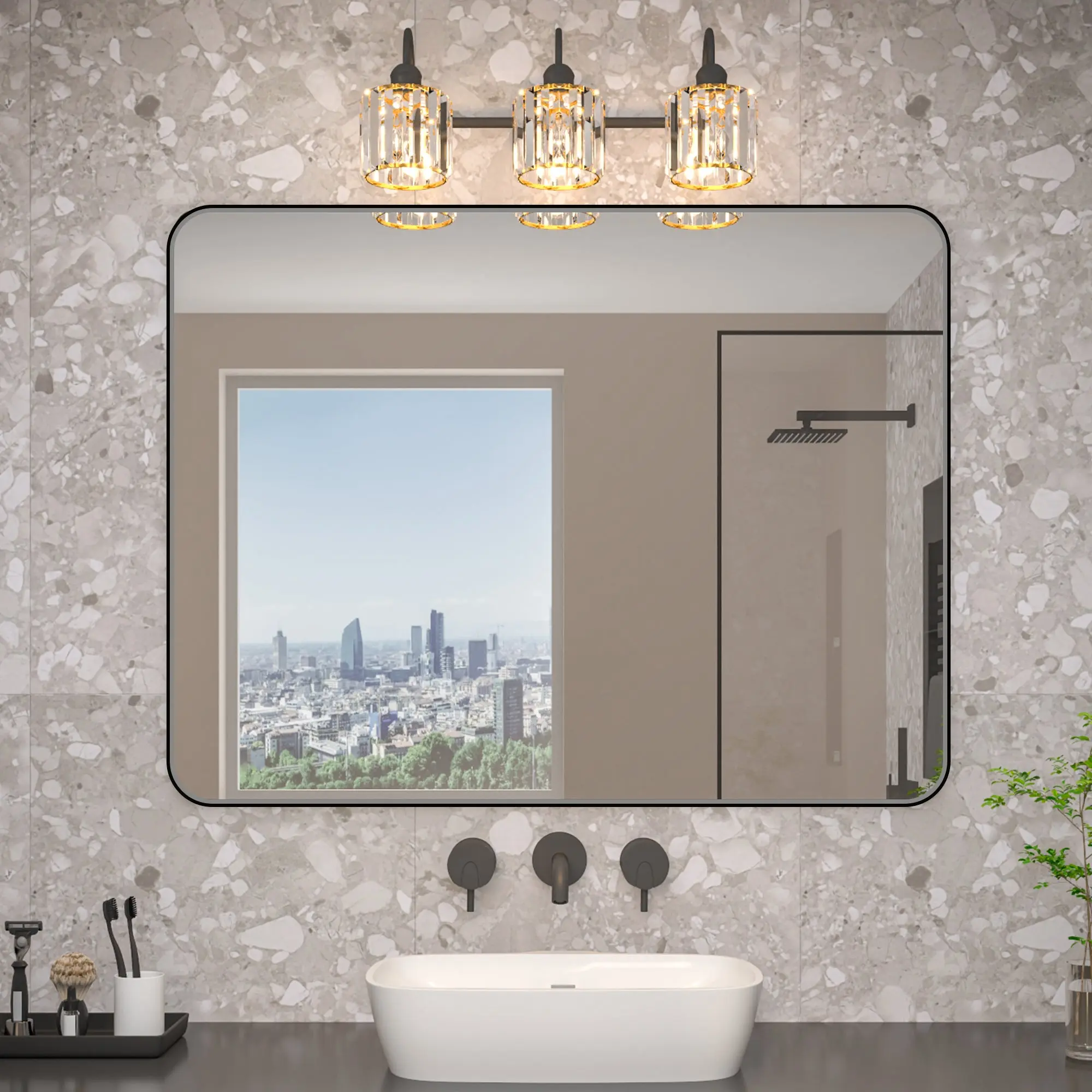 Noir 48x36 Mirror – Modern Rectangular Vanity Mirror with Tempered Glass, Shatterproof, Rust-Resistant Matte Black Frame for Bathroom, Living Room & Hallway