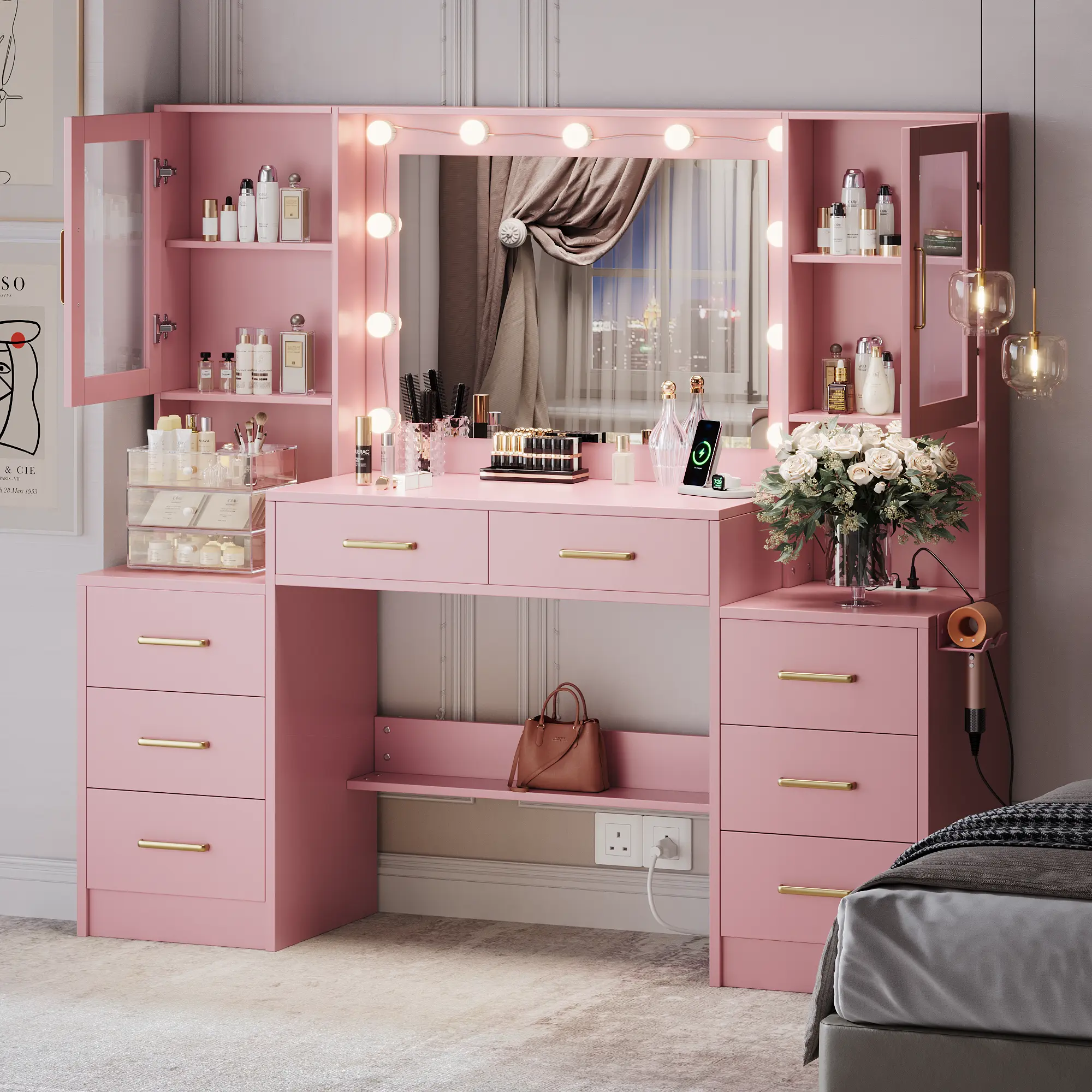 58.3" Vanity Desk with Mirror, Replaceable Lights & Charging Station, Bedroom Dressing Table, Large Vanity Set, 8 Drawers and 2 Cabinets, Makeup Vanity Table with Charging Station, Without Stool, White/Black/Pink