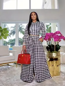 Women's Autumn Winter Fashion Plaid Houndstooth Round Neck Slim Fit Outfit Set, Wide Leg Pants Two-Piece B006, Trendy Style