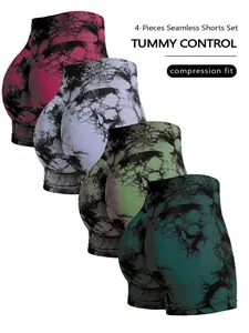 4PCS Tie Dye Workout Shorts For Women High Waist Butt Lifting Yoga Gym Peach Hip Shorts