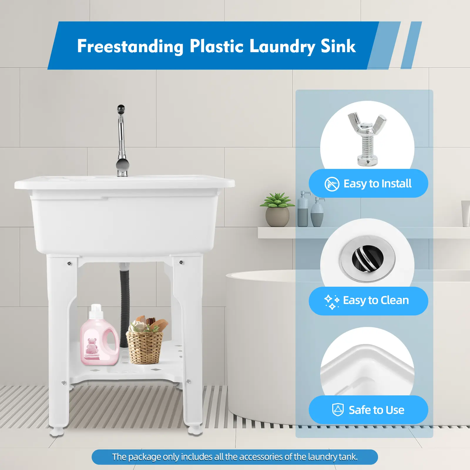 Freestanding Plastic Laundry Sink with Washboard, 360 Rotating Hot Cold Faucet, 154 lbs Capacity, Adjustable Feet, Indoor Outdoor Utility Sink, White