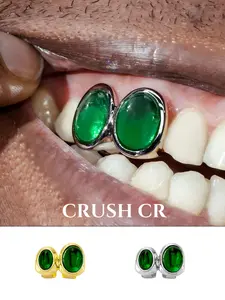 CRUSH CR 18K Gold Plated Green Gem Tooth Gems Grillz Cap for Men Women, Oval Emerald-Cut Gem Accents Removable Perfect for Hip Hop Concerts, Music Festivals, Club Nights Urban Street Style, Durable Tarnish-Resistant Plating, Ideal Luxury Dental Jewelry
