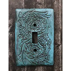 Set of 2 Western Tooled Floral Turquoise Wall Single Toggle Switch Plates