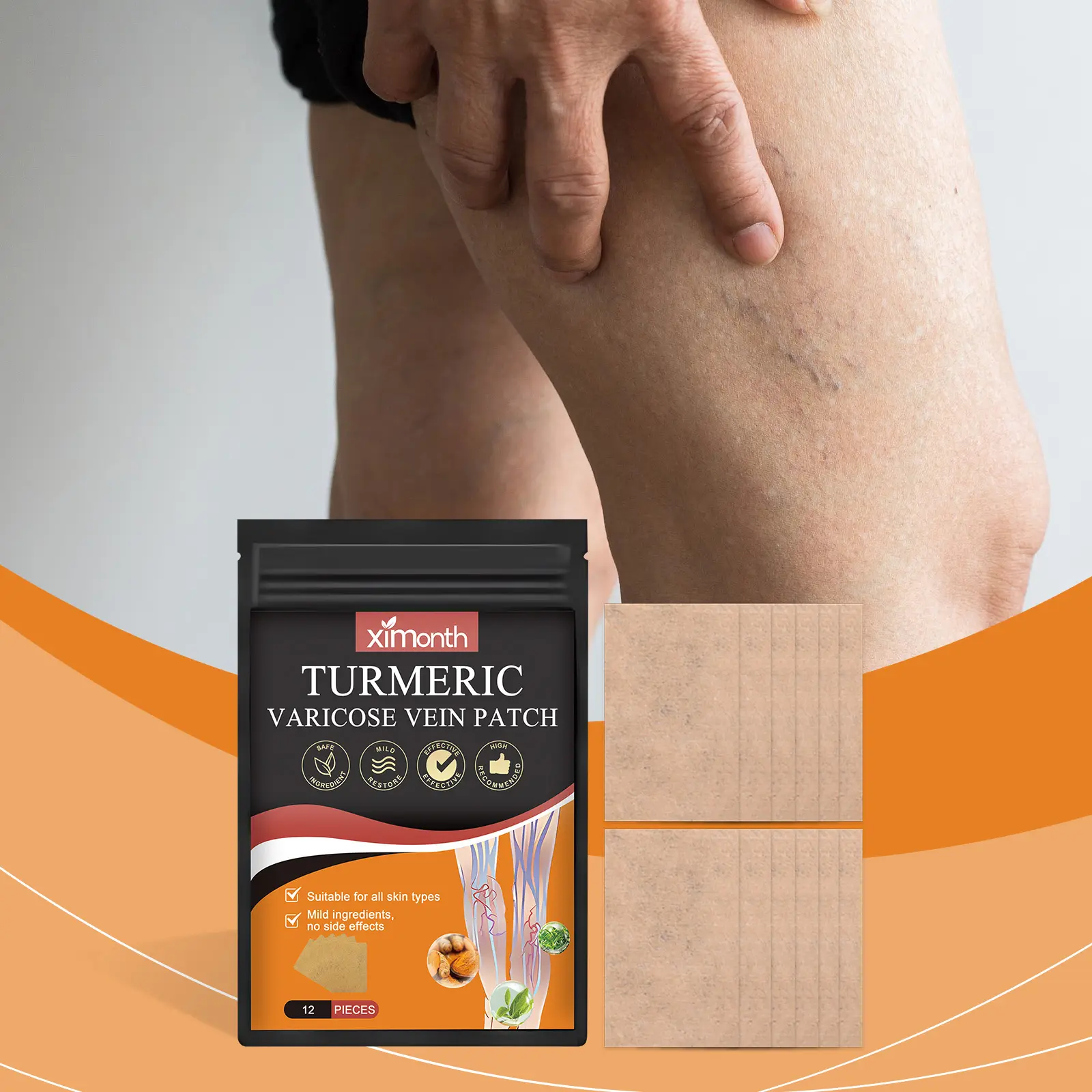Ximonth Turmeric Varicose Vein Patch - 12 Pieces for Leg Comfort & Vitality - Mild Formula with Ginger & Saffron Extracts - Nursing Effect for All Skin Types