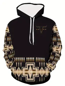 Men's Casual Hoodie, 3D Vintage Cartoon Print-Polyester Blend Pullover, Geometric Pattern, Long Sleeves, Kangaroo Pocket, Adjustable Drawstring Neck, Machine Washable, Essential Hoodie, Graphic Print Hoodie