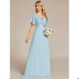 NeckRuchedButterflySleeveLightBlueBridesmaidDressWeddingGuestDressForWedding - PRETTYElegantSpringV - EVER