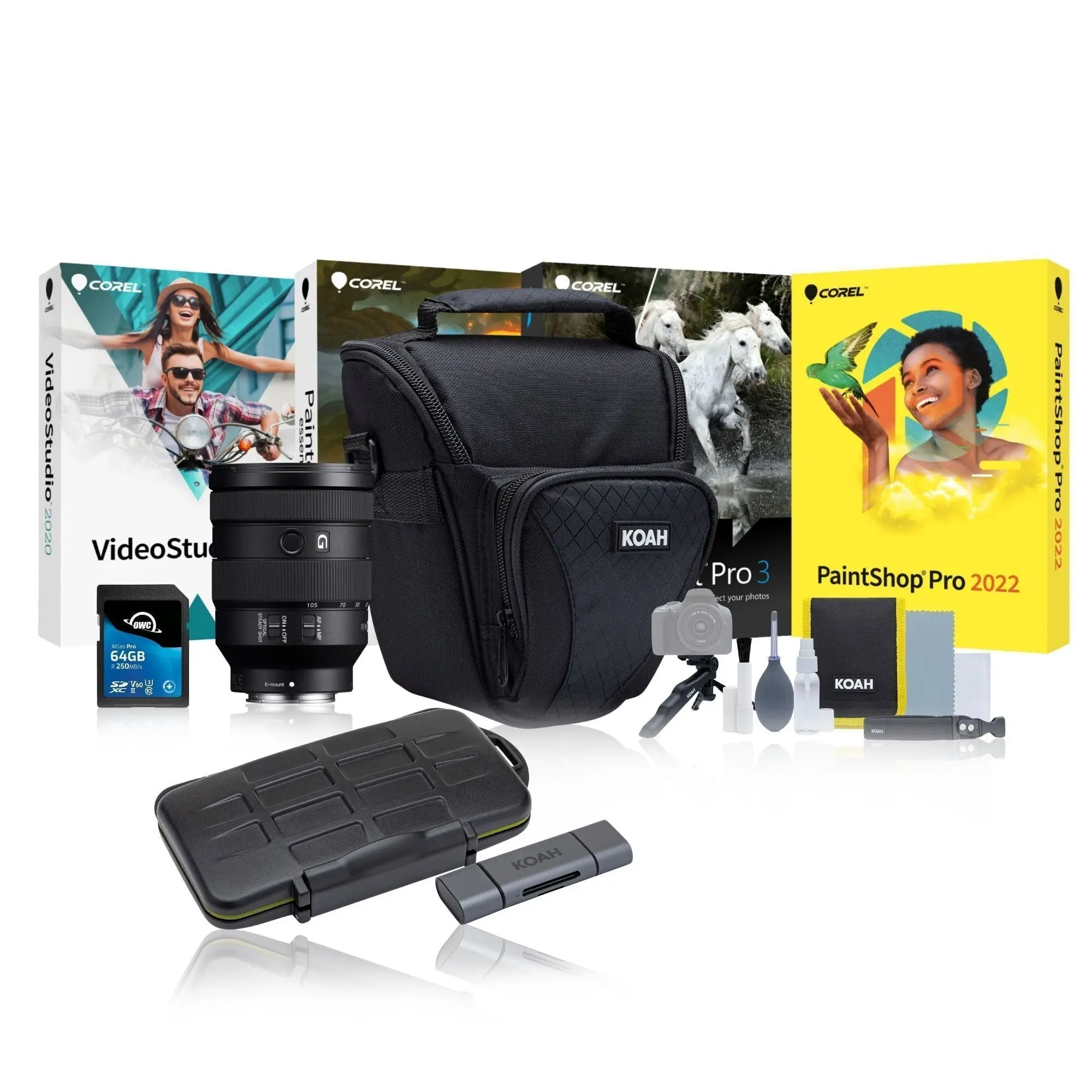 Sony FE 24-105mm f/4 G2 OSS Compact Full-Frame E-Mount Lens Bundle with 64GB Memory Card and Editing Software