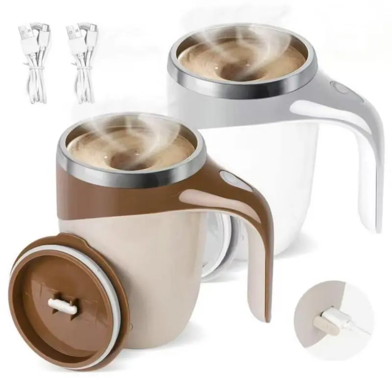 Coffee Cup 380ml Electric Coffee Mug with Lazy Rotating Magnet Design Stainless Steel Automatic Stirring Reusable Travel Mug White/brown,Suitable for birthday gifts/Valentine's Day gifts