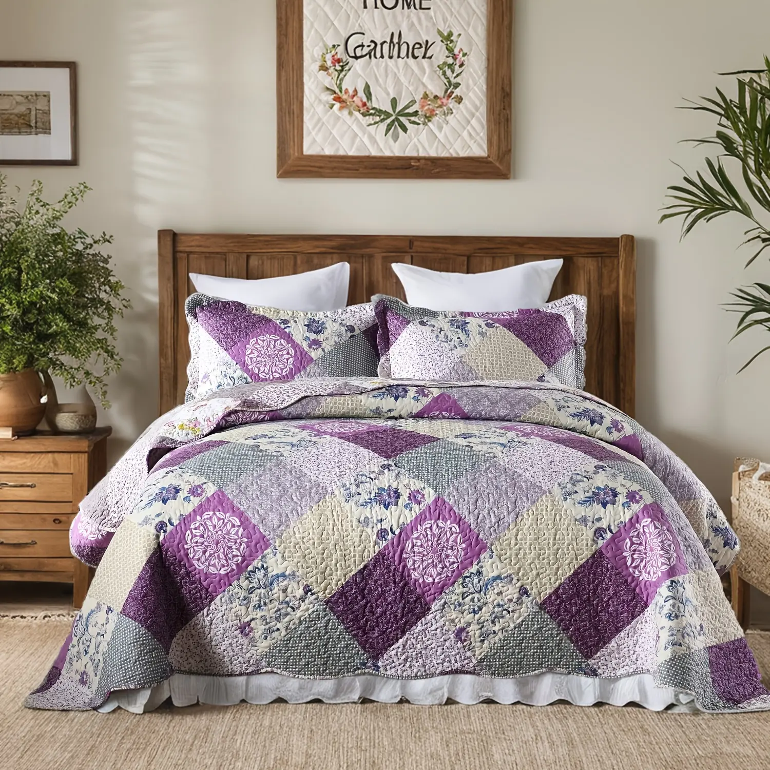 King Size 3-Piece Quilted Purple Spring Blossom Floral Quilt Set, Soft Microfiber Bedding, Reversible Lightweight All-Seasons Coverlet with Pillow Shams