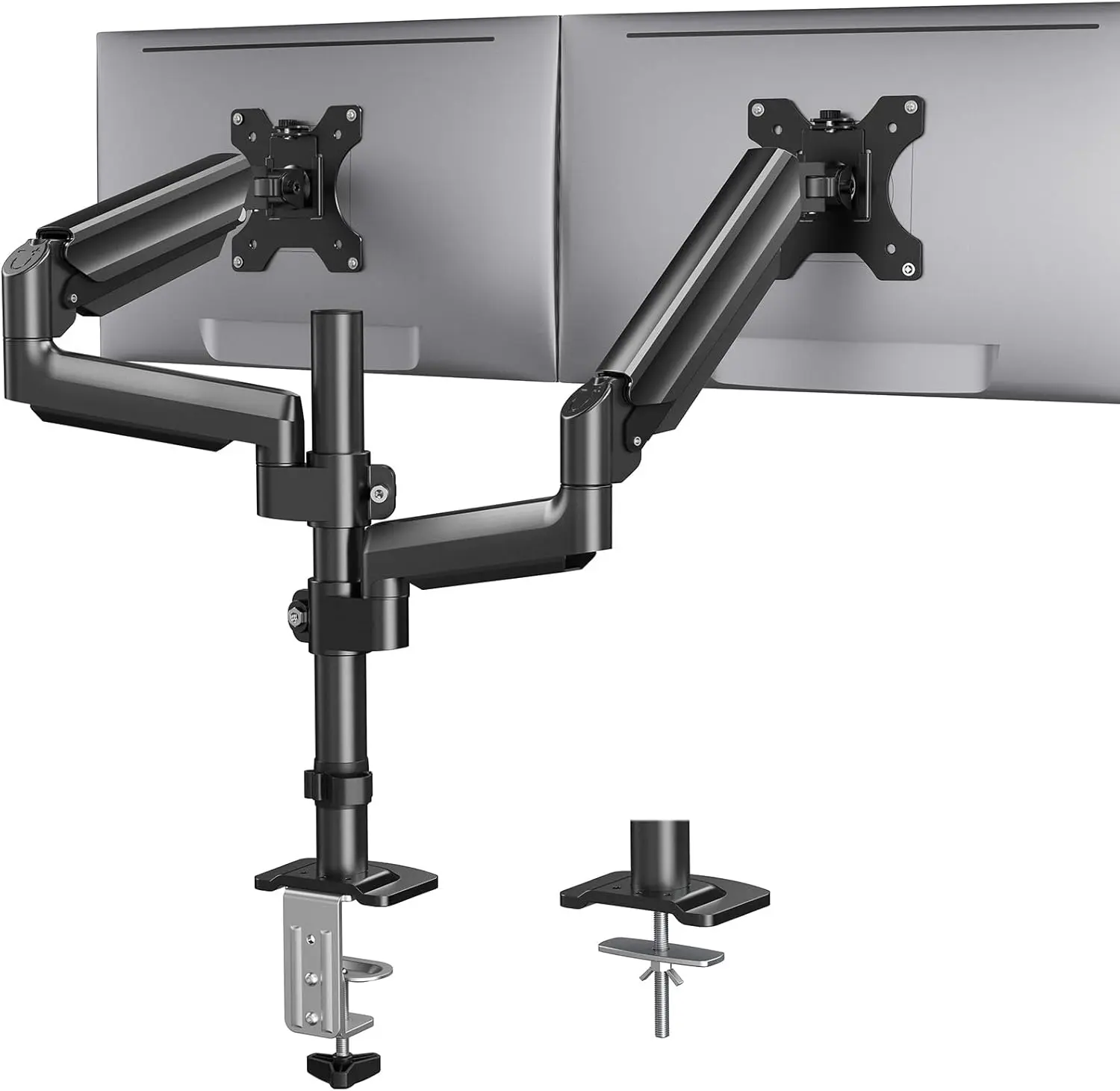 Dual Monitor Stand, supports up to 32-inch screens and 19.8lbs, VESA 75/100mm compatible, with adjustable height, tilt, swivel, and rotation features.