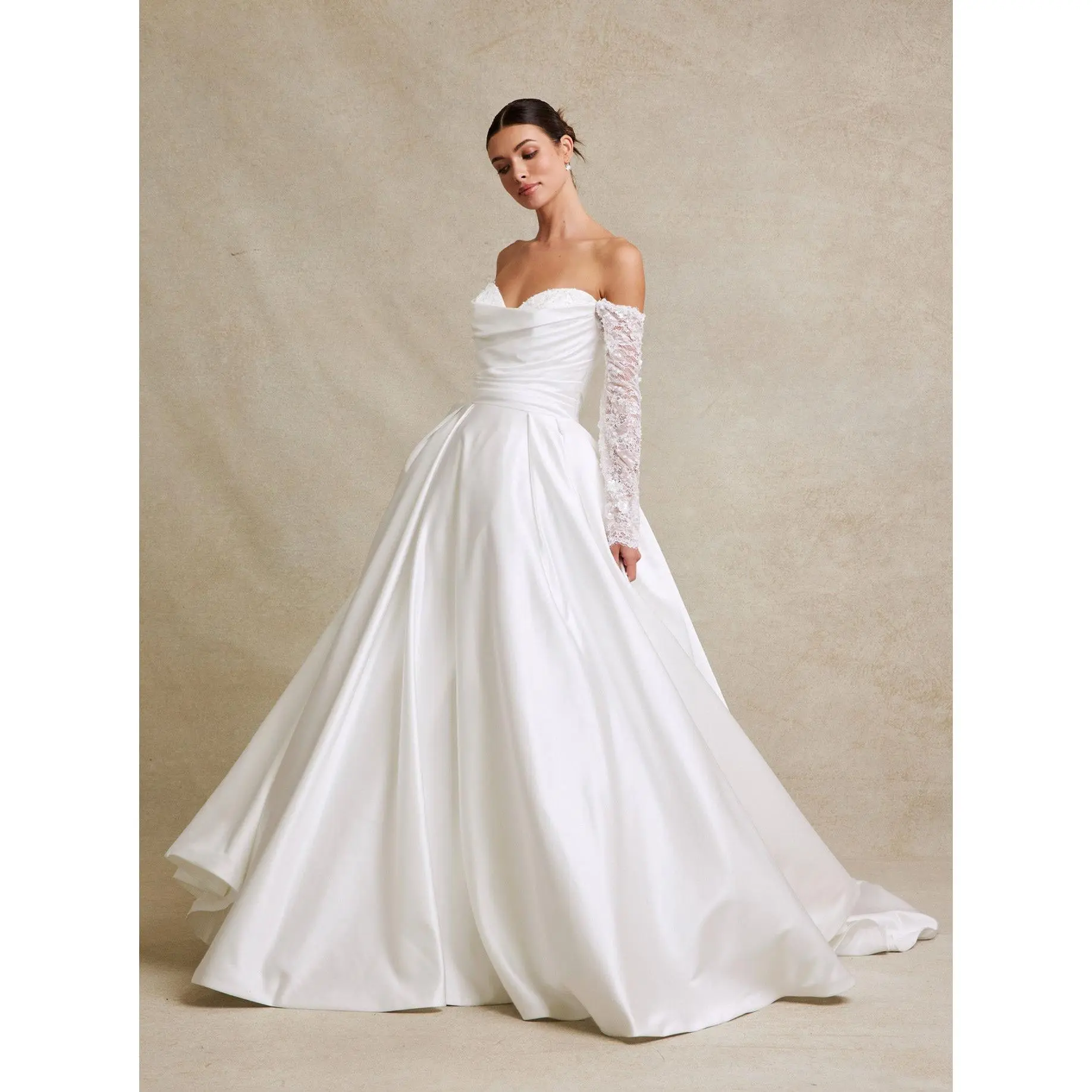 Off-the-Shoulder Satin Ball Gown Wedding Dress with Long Lace Sleeves – Modest Classic Bridal Gown with Train