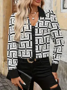 A black and white striped collar buttoned decorative geometric pattern printed long-sleeved blouse for women, suitable for spring, both work and casual wear.