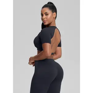 Ultrasculpt Crew Neckline Backless Removable Bra Cups Seamless Crop Top | Gym Girl Collection | Breathable, Womenswear