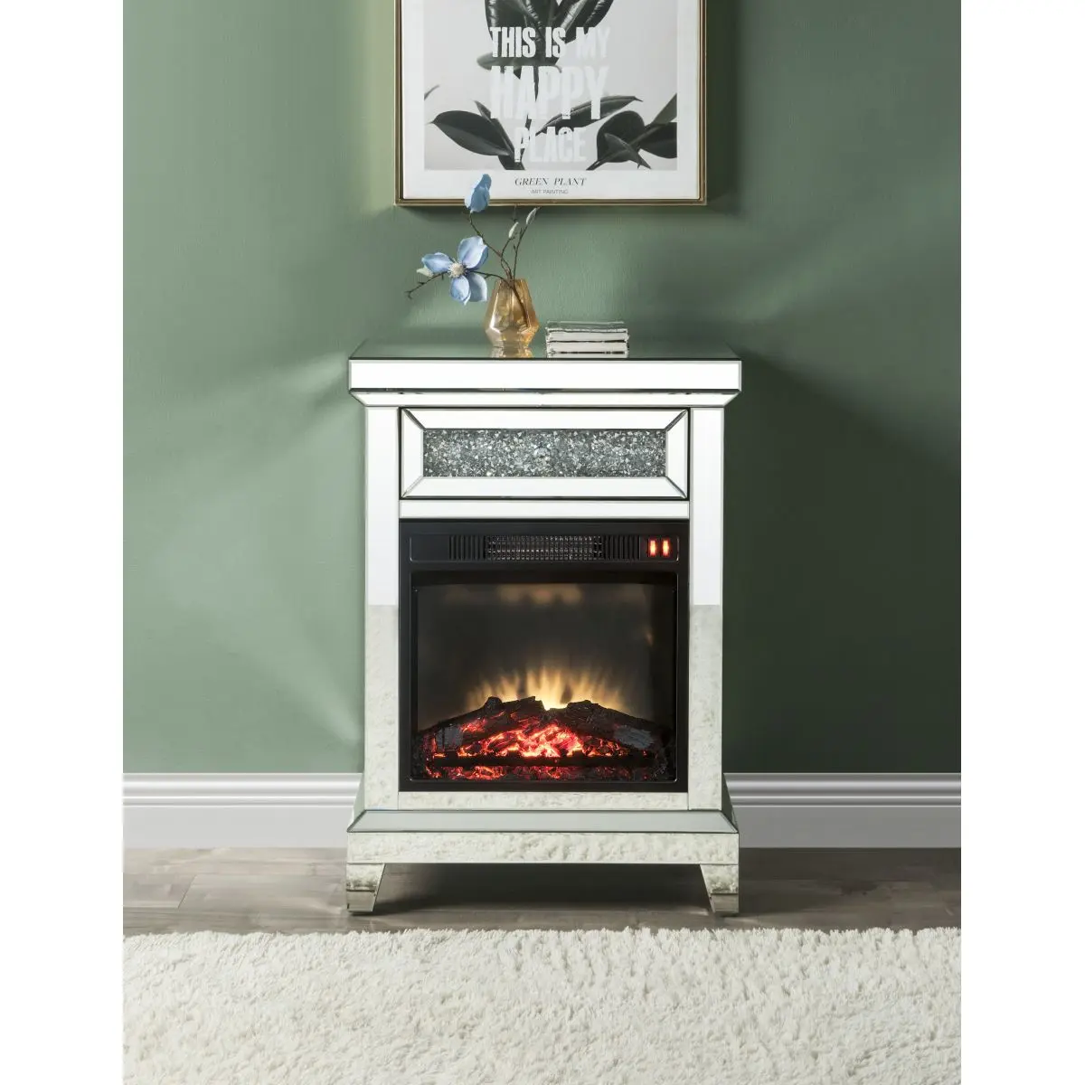 Noralie Rectangular Mirrored & Faux Diamond Home Fireplace Heater - Assembled Wood-MDF Construction, Built-In Timer, Mirror, LED Light, Remote Control, 14x24x35" Dimensions, Wattage Functionality, 1400W Power