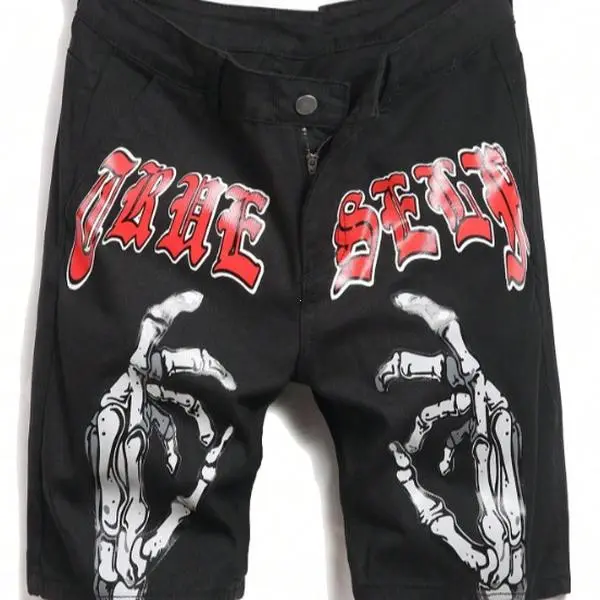 Men's Denim Shorts, Casual 3D Printed Streetwear Style, Slim Fit Mid-Waist Bottoms for Parties & Events, Menswear