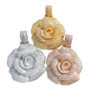 ⑤⑧Space ice Full Diamond Rose Flower Pendant Necklace, 40mm 23g Solid Metal CZ Bling Elegant Hip Hop Jewelry