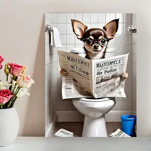 1-Piece Artistic 2D Flat Animal Cartoon Print Wall Painting, Funny Pug in Glasses Reading Newspaper in Toilet, Multi-Size Wood Frame Poster for Modern Vertical Living Room, Ideal Gift for Dog Lovers, Paintings