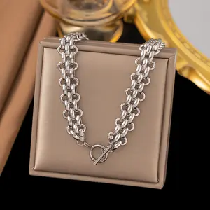 Exaggerated metal OT buckle versatile titanium steel thick chain bracelet necklace jewelry set