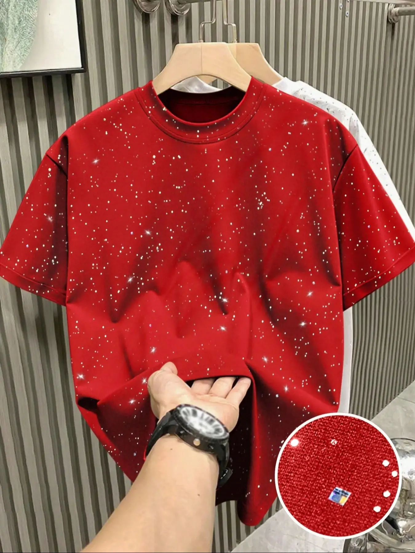 New Men's Short Sleeve T-Shirt, Round Neck, Loose Plain Long Top Menswear, Casual Style Tee, Fashion Starry Sky Reflective Design, Sparkling Like a Starry Sky, Shiny, Essential Outerwear Item, Casual Loose Tee