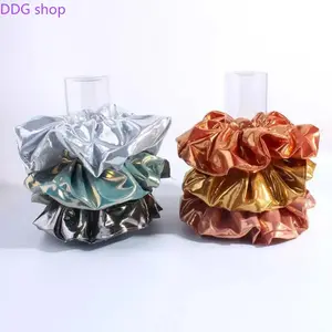 Oversized Leather Scrunchie Hair Tie - Large Size PVC Fabric Unisex Hair Accessory with Soft Elastic, Stylish Silver Metallic Shine Accent, Edgy Look, Party Ready Ponytail Holder for Everyday or Party Wear