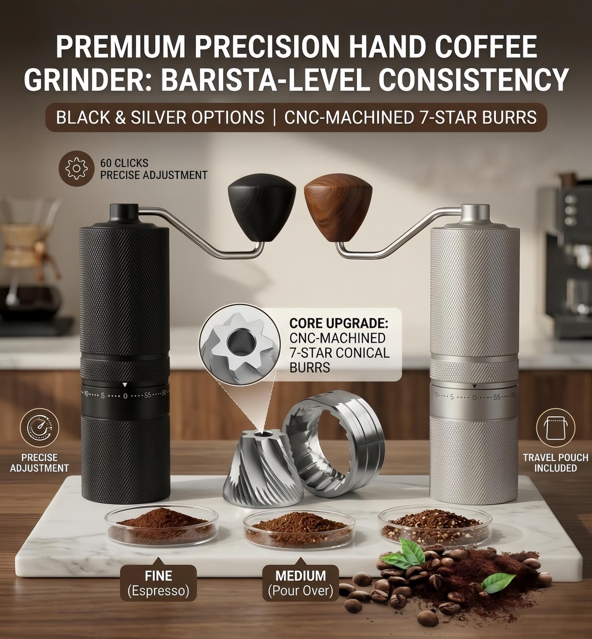 Dwell Home Barista Hand Mill | Heavy-Duty Metal Grinder & 7-Core Burr Coffee Portable