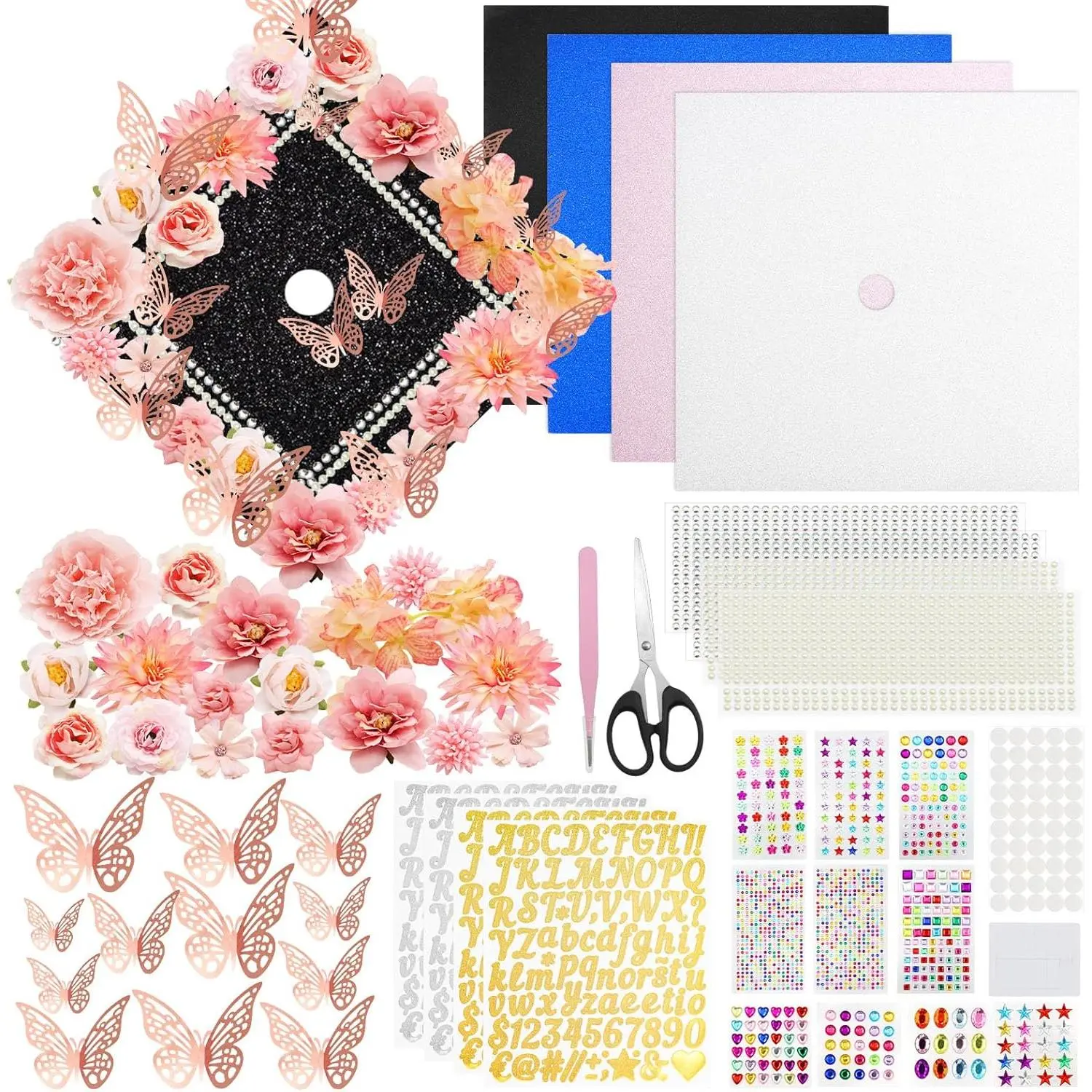 Graduation Cap Decorations Kit Grad Cap Topper Decor Includes Glitter Paper  Butterfly Faux Flower Letters Stickers, Cap Decorations for DIY Graduation Cap Topper ()