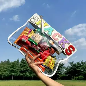 Clear Snack Pouch Bag with Glitter Chenille Letters – Waterproof Transparent Clutch with Wrist Strap, Zipper Closure, and PVC Nylon Design for Travel, Beach, and Everyday Use (32×22cm)