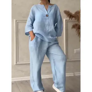 Plus Size - New Women'S Plus Size Casual 2pcs Set - Shirt + High Waist Loose Pants Set, Solid Color, Non-Stretch Fabric, Pockets, Casual Attire |   Loose Fit |   Polyester Fabric Clothes Womenswear Suits Blue Gamis Long Sleeve