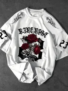 Unisex Graphic T-Shirt - Dark Aesthetic Gothic Rose Print - Y2K Cyberpunk Streetwear Top for Clubbing, Skater Outfits & Daily Casual Wear Everyday