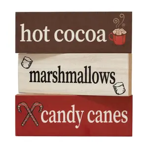 Hot Cocoa Marshmallows Candy Canes Mini Wood Block Set - 3pc Christmas Decor for Hot Cocoa Bar or Shelf Display, Holiday Decorations for Kitchen, Mantel, Made in USA