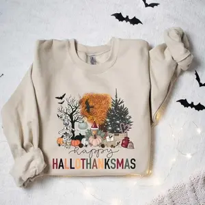 Happy Hallothanksmas Sweatshirt, Cute Christmas-Thanksgiving-Christmas Tshirt, Skeleton Pumpkin Bat Christmas Tree Sweatshirt, Full Sizes, Full Colors, Gift For Women, Gift For Men, Gift For Friends