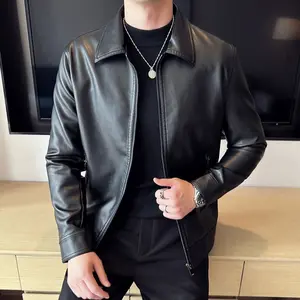 Men's Slim Fit Black Leather Jacket with Stand Collar, Vintage Motorcycle Style, Zipper Closure, Perfect for Autumn and Winter, Versatile Fashion and Business Casual Coat, Tops, Long Sleeve, Slimfit