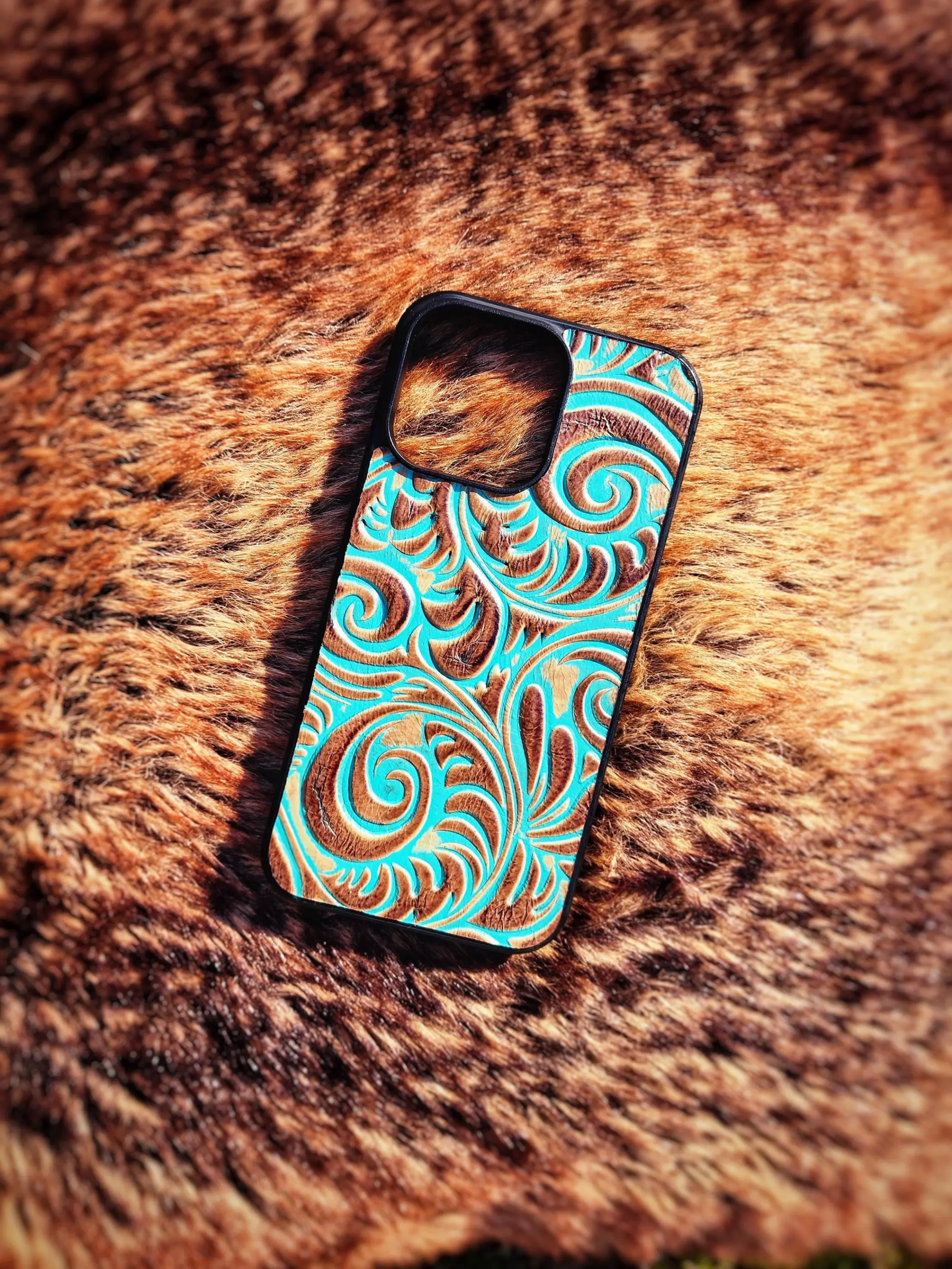 Real Leather Phone Case - For iPhone for 6 7 8 X XS XR 11 12 13 14 15 Pro Mini ProMax Max Plus + - Western Spiral Pattern