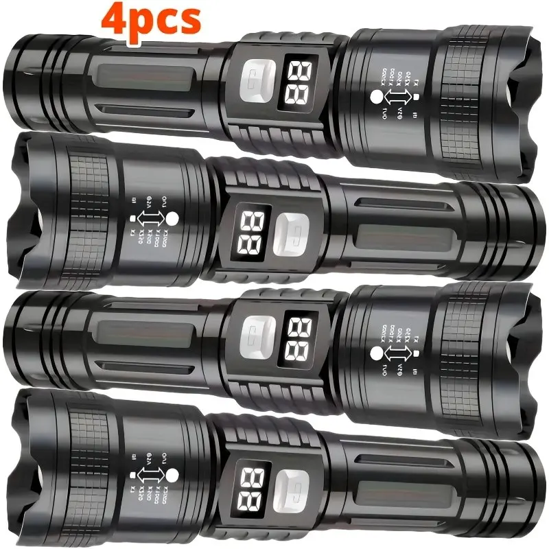 4pcs Rechargeable High-Power Flashlights with Zoomable Spotlight, USB Cable, Super Bright, Long Range, Tactical Work Light for Camping, Hunting, Hiking, Emergency, Adjustable Tactical Flashlight