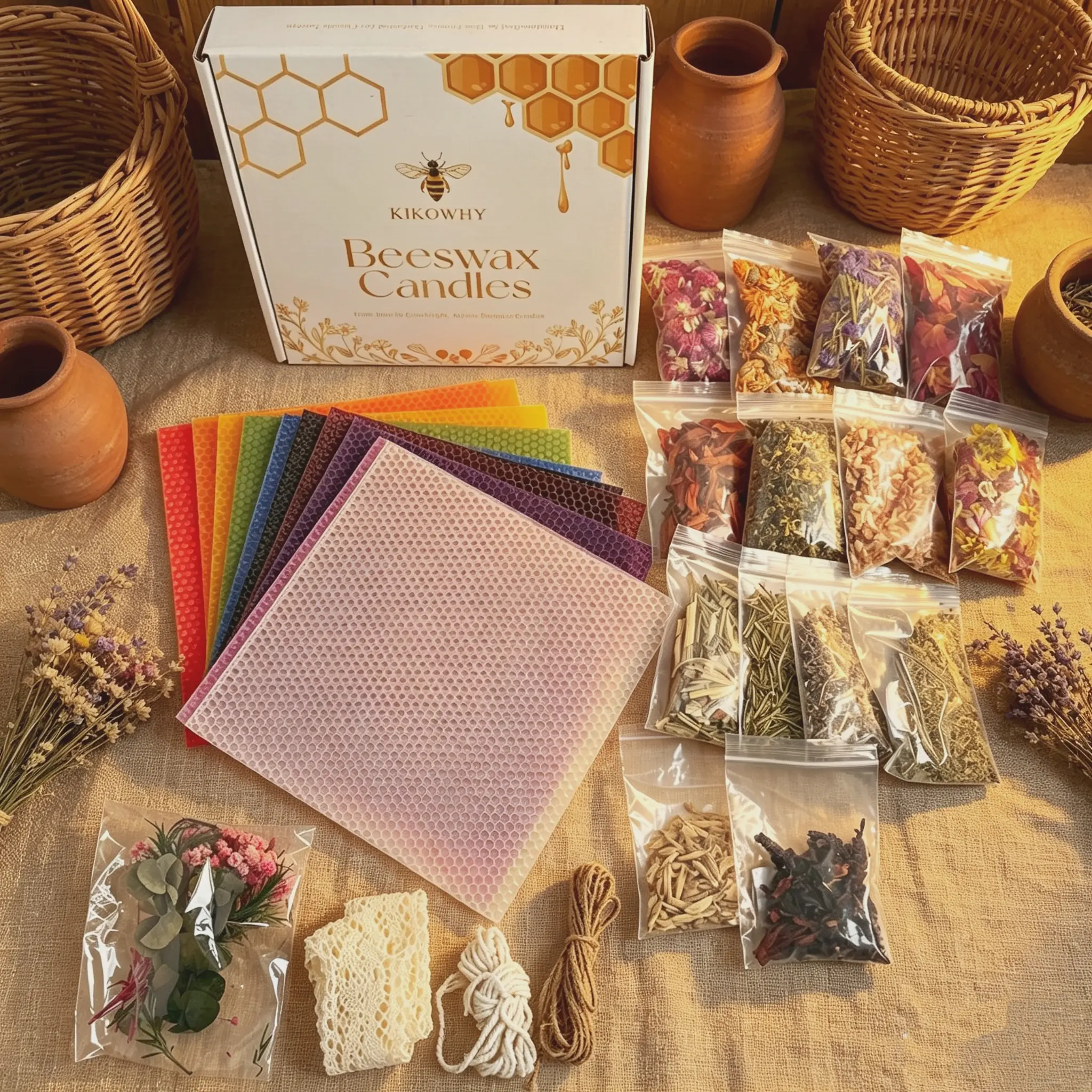 Dried Flowers & Beeswax Sheets Combo Candle Making Kit, 20x20cm Color/Yellow Honeycomb Wax with 14pcs Natural Dried Flowers & Full Accessories, for DIY Crafts, Witch Rituals, Thanksgiving & Holiday Gifts witchy