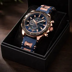 Men’s blue watch with rose gold accents