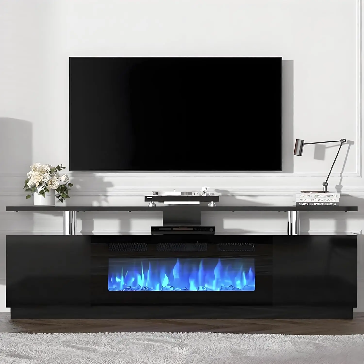 70-Inch Modern Black Electric Fireplace TV Stand - 36-Inch Fireplace Heater with LED Light & 12 Flame Colors, 2-Tier Entertainment Center with Storage Cabinet, Remote Control, Stable Anti-Tip Base, Easy Assembly, Home Indoor Furniture
