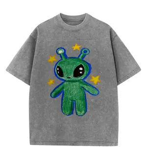 Cute Alien Graphic Vintage Washed Tee Unisex Oversized Streetwear Shirt Y2K Space Aesthetic Kawaii Cartoon T Shirt Casual Harajuku Style Soft Cotton Summer Outfit Trendy Festival Street Fashion Gift 24H Fast Shipping