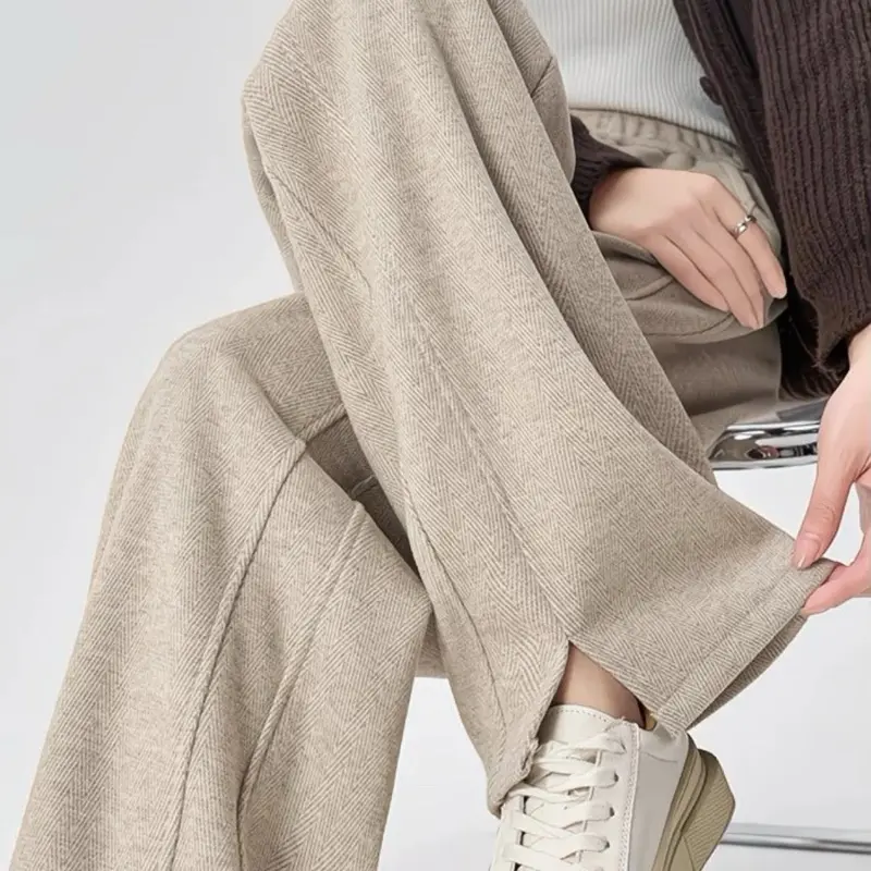 Cozy Herringbone Wide-Leg Pants for Women - Soft Knit Material & Comfortable Fit - Inner lining: 100% cotton thermal knit