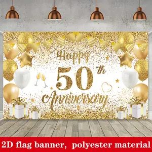 Golden 50th Anniversary Polyester Backdrop 2D Flat Banner for Wedding Party Home Yard Decor White