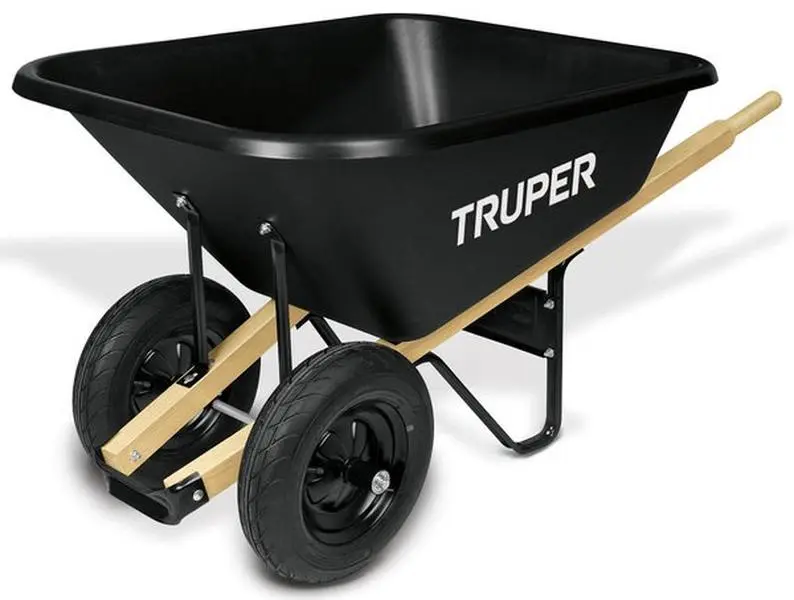 Truper Herramientas High-Quality Wheelbarrow - Model 33611, 880133616, 8 cu. ft., Dual Tire, Wooden Handle, for Adult Lawn & Gardening Use