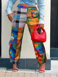 Women's Plaid Print Fashion Drawstring High Waist Pants, Casual Comfy Baggy Loose Vibe Pocket Trousers for Daily Wear, Ladies Bottoms for All Seasons, Pants for Women, Womenswear, Casual Chic Trousers, Boho Casual Trousers